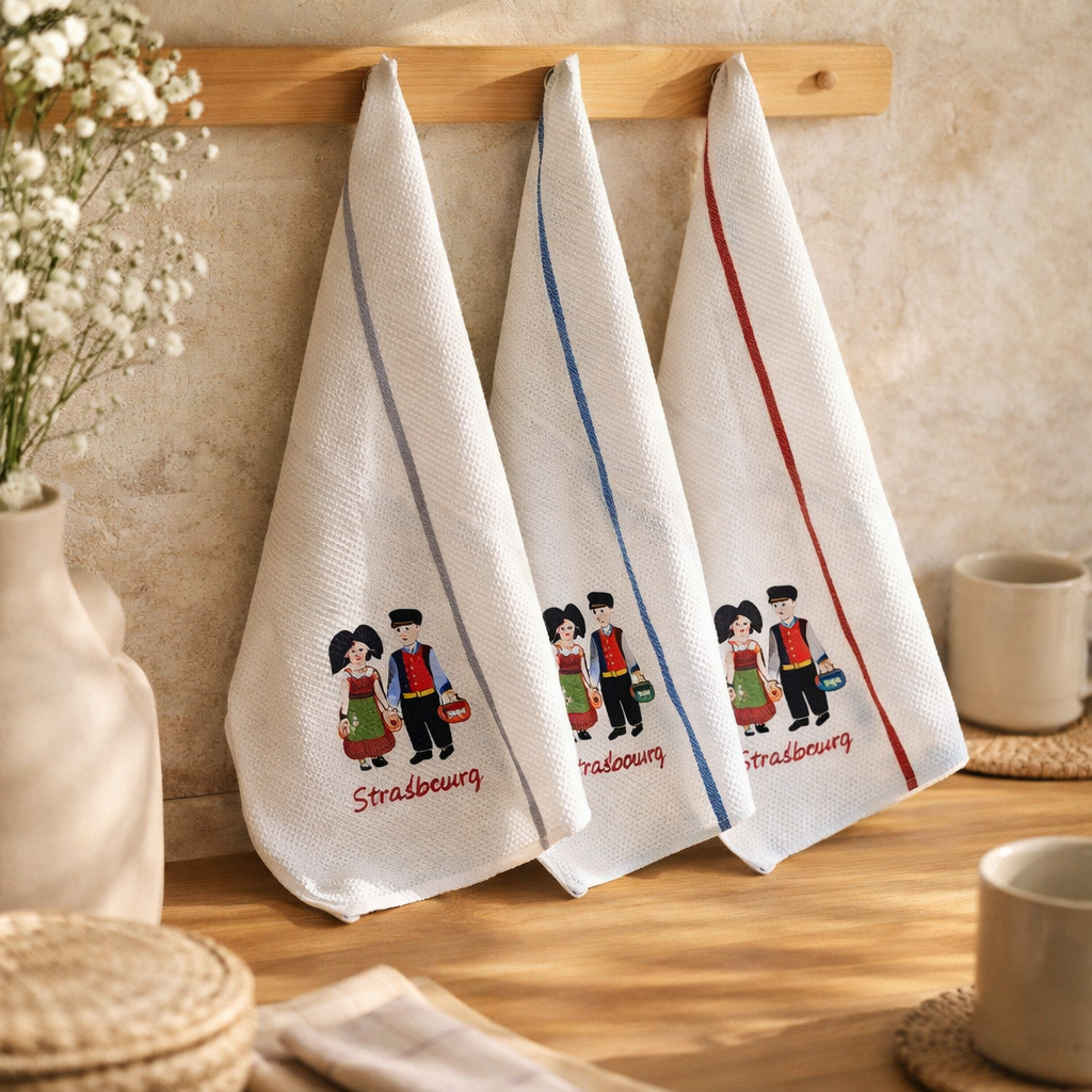 Torchon nid d'abeilles Couple enfants Strasbourg 50 x 70 (IA)