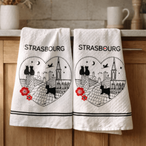 Torchon nid d'abeilles imprimé Chats Coeur 50 x 70