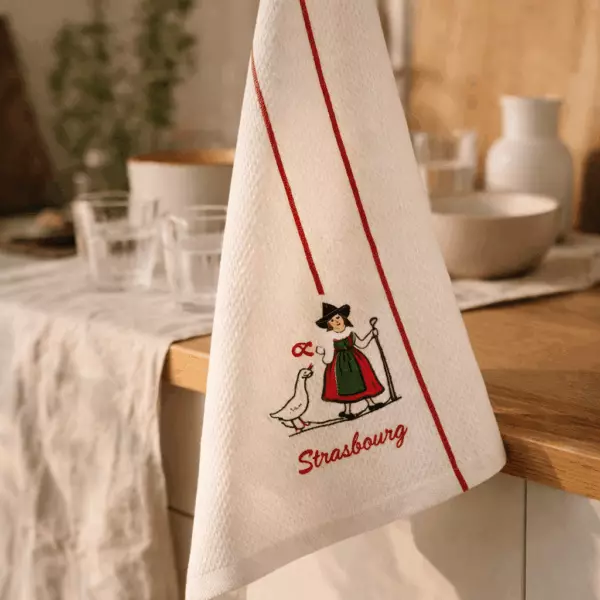 Recycled honeycomb tea towel featuring the Alsatian goose from Strasbourg, 50 x 70