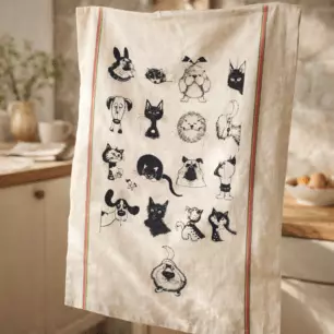 Dubout Large Tea Towel, Multi Portraits, Ecru, 60 x 80