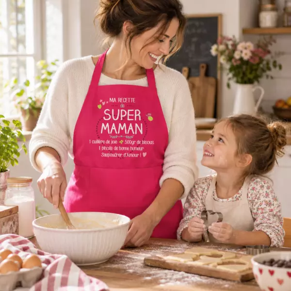 Tablier de cuisine Ma recette de super maman recyclé Rose 72 x 90