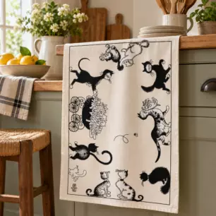 Dubout Chats Farandole Tea Towel, Ecru, 48 x 72 cm