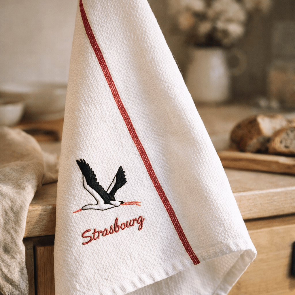 Torchon Nid d'abeilles Cigogne Envol Strasbourg Blanc/Rouge 50 x 70 (IA)