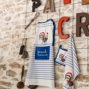 Tablier de cuisine recyclé French Cocorico Ecru/bleu 85 x 72
