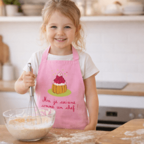 Tablier de cuisine enfant Je cuisine comme un chef recyclé Rose 52 x 63