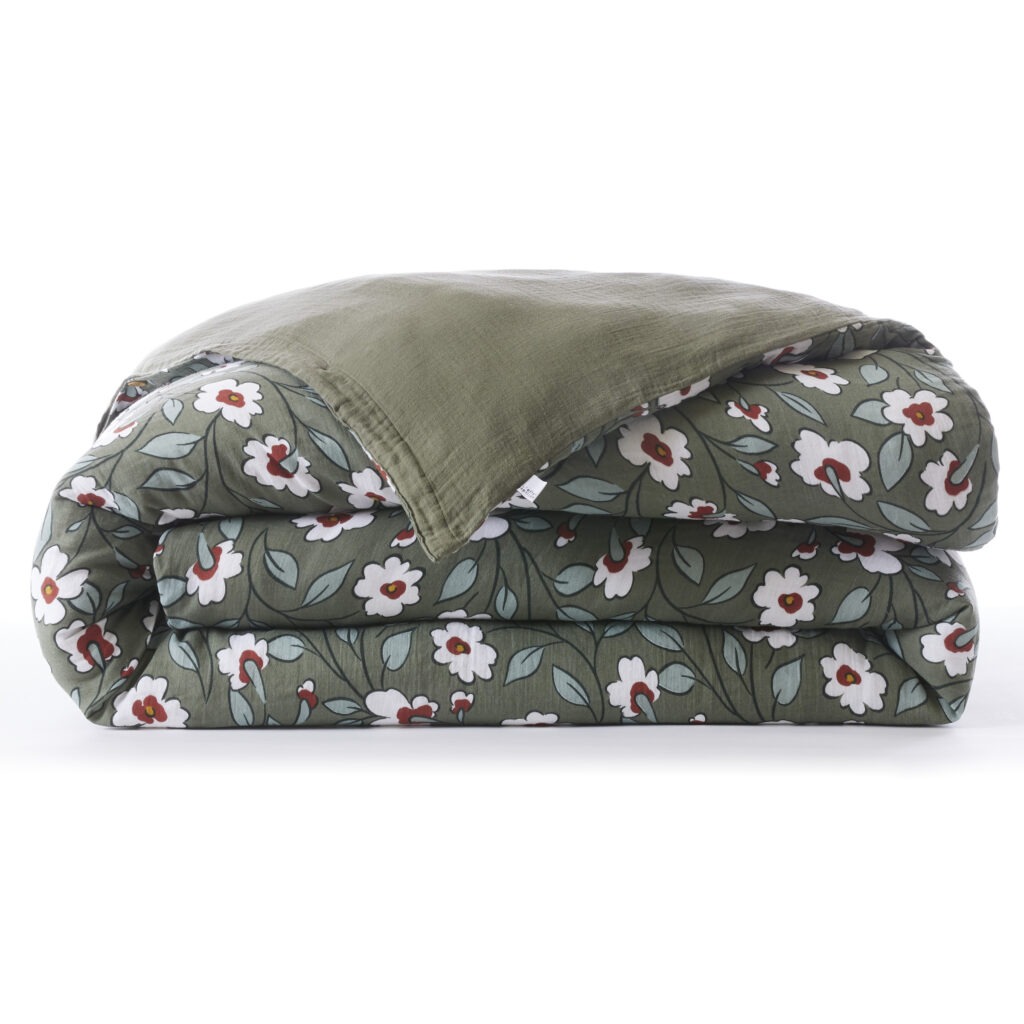 Housse de couette FLORA en double gaze de coton coloris Romarin