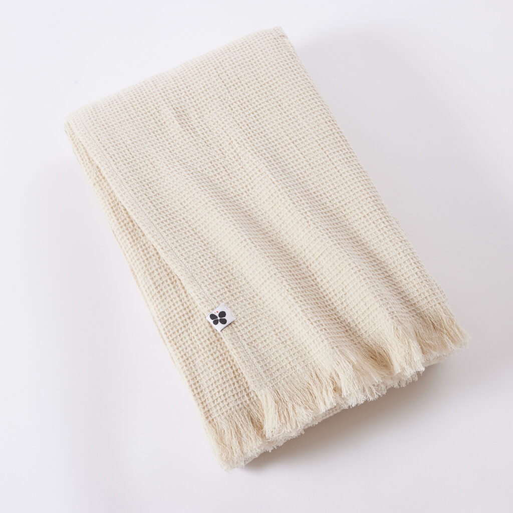 Plaid à franges nid d’abeille uni en coton, coloris Pampa