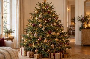 Albero di Natale con palline dorate e bordeaux, ghirlande luminose e regali in un salotto accogliente